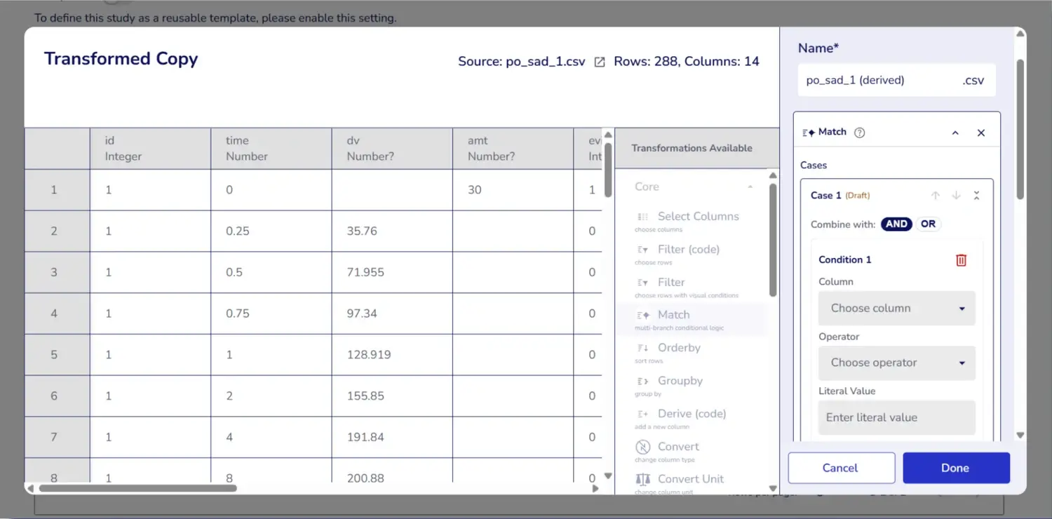 PumasCP data wrangler building a transformation without code