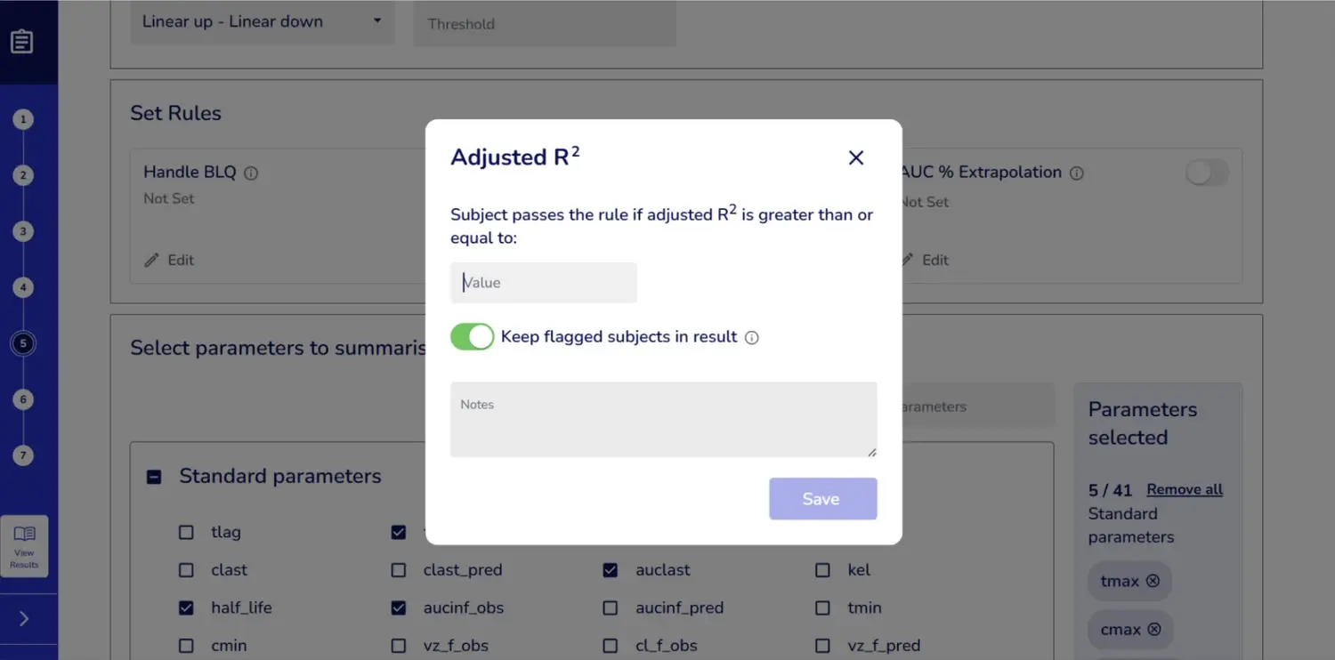 PumasCP setting an Adjusted R-squared NCA rule to flag subjects